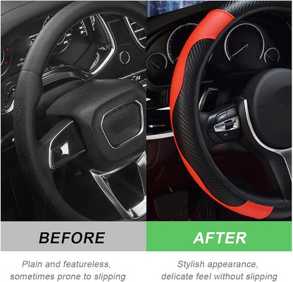 DXNQ Car Steering Wheel Cover, 15 Inch Carbon Fiber Leather Stitching Color Steering Wheel Protector, Anti-Slip Elastic Breathable Steering Wheel Cover Stylish Decor for Most Cars (Black&Red)