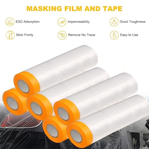 Tape and Drape, Pre-Taped Masking Film, 2 Rolls Automotive Best Tape and Drape Painters Paper, Paint Adhesive Protective Film Roll for Covering Skirting, Frames, Cars and Auto Body (59inchs x 65 feet)