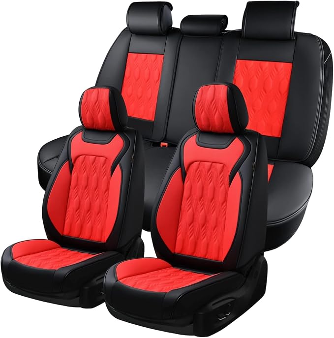 Coverado Car Seat Cover Full Set, Leather Seat Covers for Front and Rear, Waterproof Seat Covers 5 Seats, Luxury Car Seat Protectors Driver Seat Cushions Universal for Most Vehicles, Red