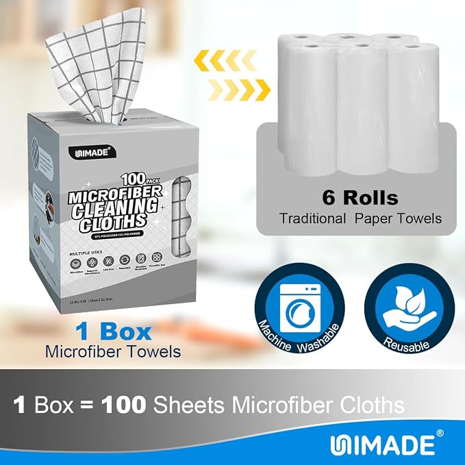 UNIMADE Microfiber Cleaning Cloths, 100 Sheets Reusable Kitchen Towels & Dish Cloths, Lint-Free Absorbent Cleaning Rags, Bulk Kitchen Cleaning Cloths for Household & Restaurant, 11" x 9", Grid Pattern