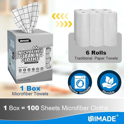 UNIMADE Microfiber Cleaning Cloths, 100 Sheets Reusable Kitchen Towels & Dish Cloths, Lint-Free Absorbent Cleaning Rags, Bulk Kitchen Cleaning Cloths for Household & Restaurant, 11" x 9", Grid Pattern