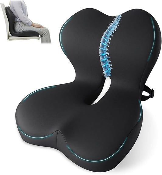 Memory Foam Seat Cushion,Office Chair Cushion with Lumbar Support for Back Pressure Relief, Car Seat Cushion with Adjustable Strap,Sciatica Pad Cushions for Car,Truck, Desk (D-Black)