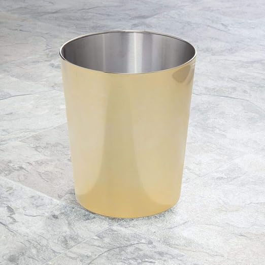 mDesign Round Metal Small 1.7 Gallon Recycle Trash Can Wastebasket, Garbage Container Bin for Bathrooms, Kitchen, Bedroom, Home Office - Durable Stainless Steel - Mirri Collection - Soft Brass