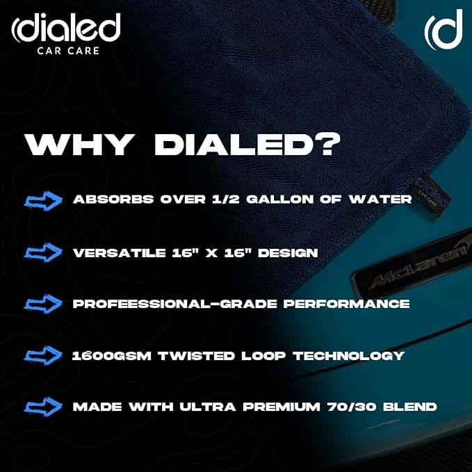2 Pack Dialed Mini Drying Towels 1600 GSM, Premium 70/30 Blend Microfiber for Drying Cars, Trucks, SUVs. Professional Grade, Safe for Detailing + Lint Free. 16" x 16", Marina Blue