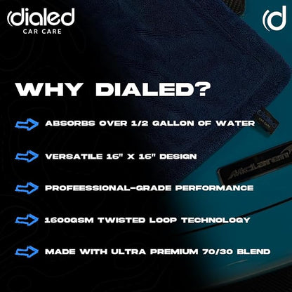 2 Pack Dialed Mini Drying Towels 1600 GSM, Premium 70/30 Blend Microfiber for Drying Cars, Trucks, SUVs. Professional Grade, Safe for Detailing + Lint Free. 16" x 16", Marina Blue