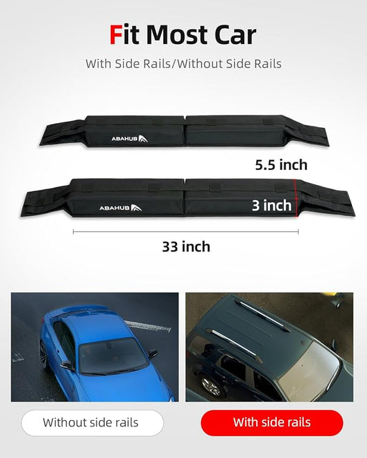 Abahub Soft Roof Rack Pads with 2 Tie Down Straps, 2 Tie Down Ropes, 2 Hood Loops and Storage Bag, for Surfboard, Kayak, Canoe, Heavy Duty Universal Car Roof Racks System Black 32 Inch