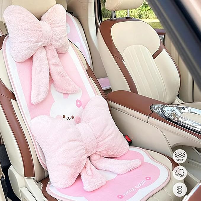 LYFJMUS 4 Pack Plush Bow Car Headrest Pillow and Lumbar Support Pillow Soft Butterfly Car Neck Pillows for Driving Cars Decor (Pink)