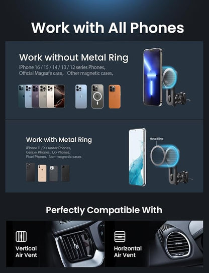 LISEN for MagSafe Car Mount, 2026 Magnetic Phone Holders for Car Air Vent Phone Mount [Ultra-Magnetic] Hands Free Cell Phone Holder Car Accessories for Men Women fit iPhone 17 16 15 14 13 Pro-Blue