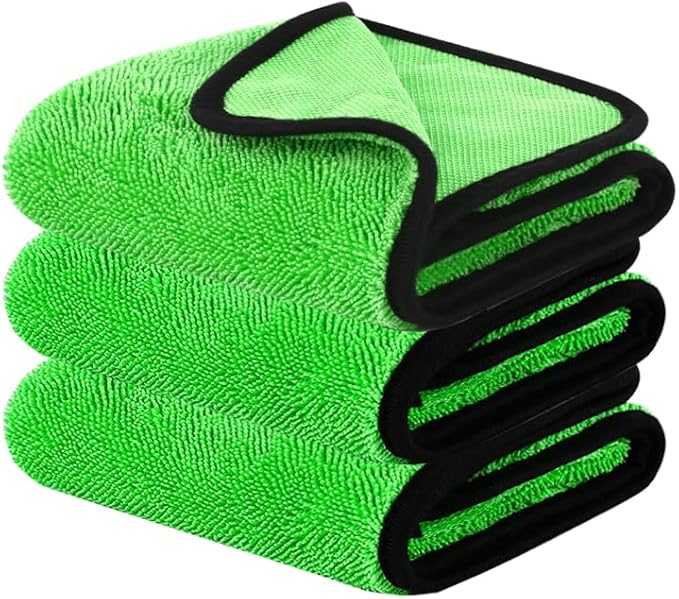 DIAOJIA 3 Pack Microfiber Car Towels (16" x 24"), 500 GSM Double-Sided Absorbent Coral Fleece Cloths for Washing, Drying & Cleaning, Streak-Free & Lint-Free (Green)