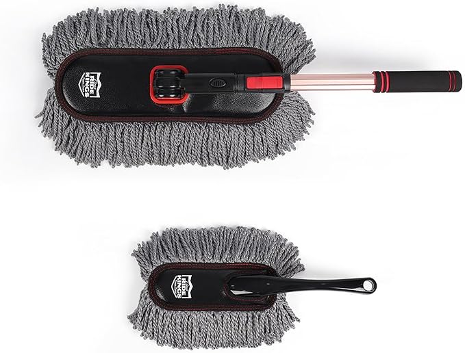 Car Duster Exterior with Extendable Handle, Scratch Free Auto Wash Brush Mop, Interior Detailing Kit for Truck RV Boat - Microfiber Duster & Interior Brush, Grey