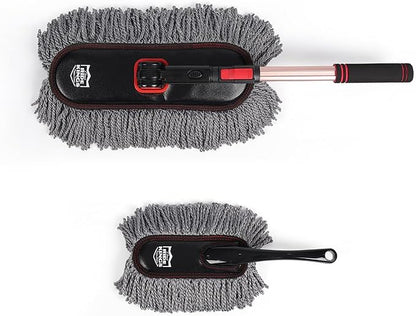 Car Duster Exterior with Extendable Handle, Scratch Free Auto Wash Brush Mop, Interior Detailing Kit for Truck RV Boat - Microfiber Duster & Interior Brush, Grey