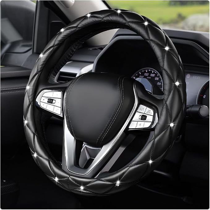 Bling Car Steering Wheel Cover, 15 Inch Diamond Leather Anti-Slip Auto Steering Wheel Protector, Cute Sparkly Rhinestones Wheels Cover Automotive Decoration for Women Girl (Black)
