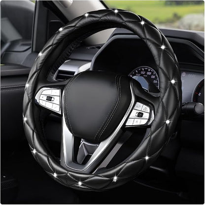 Bling Car Steering Wheel Cover, 15 Inch Diamond Leather Anti-Slip Auto Steering Wheel Protector, Cute Sparkly Rhinestones Wheels Cover Automotive Decoration for Women Girl (Black)