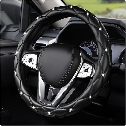 Bling Car Steering Wheel Cover, 15 Inch Diamond Leather Anti-Slip Auto Steering Wheel Protector, Cute Sparkly Rhinestones Wheels Cover Automotive Decoration for Women Girl (Black)
