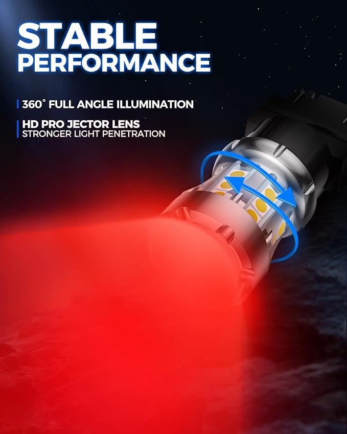 Marsauto 3157 LED Bulbs Red, Strobe LED Brake Light Bulbs, With Projector Lens, 50000 hrs Lifespan, 3156 3056 3057 4157 3047 4057 3457 Canbus Error Free Plug-N-Play, Pack of 2