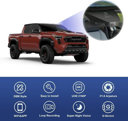 Fitcamx 4K Dash Cam Suitable for Toyota Tacoma & Hybrid 2024-2026, OEM Factory Look, UHD 2160P Video, Built-in WiFi & APP, Loop Recording, Collision Sensor, Night Vision, Plug & Play, 64GB Card