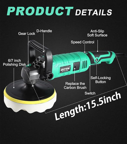 ZOTA Buffer Polisher, 1600W 7 Inch/6 Inch Pure Copper Motor Car Buffers and Polishers Kit, 7 Variable Speeds 1000-3500 RPM Car Polishers and Buffers, Ultra-long Cord for Car Boat Polishing Waxing.
