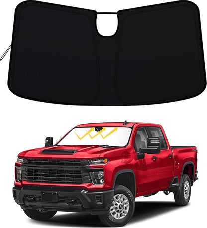 Windshield Sun Shade for 2023-2026 Chevy Silverado/GMC Sierra 1500, 2024-2026 Silverado/Sierra 2500HD 3500HD & 2022 Refreshed Model, Fully Covered Foldable Front Sun Shade, Blocks UV Rays and Heat