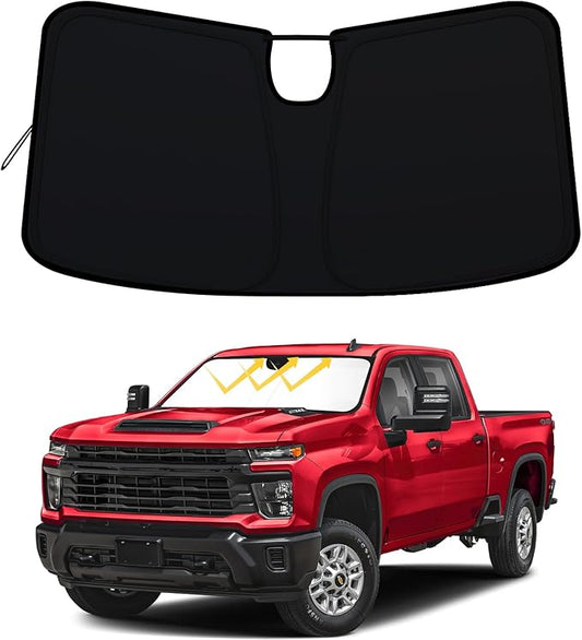 Windshield Sun Shade for 2023-2026 Chevy Silverado/GMC Sierra 1500, 2024-2026 Silverado/Sierra 2500HD 3500HD & 2022 Refreshed Model, Fully Covered Foldable Front Sun Shade, Blocks UV Rays and Heat