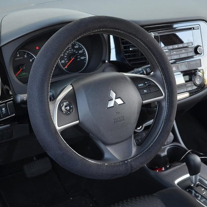 BDK Ergonomic Leather Grip Steering Wheel Cover - Soft Plush Memory Foam Grip for Standard Size Wheels 14.5-15 inch Black