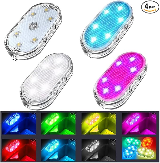 4PCS Wireless Car Interior LED Lights 7Colors USB Rechargeable Car LED Touch Light with 6 Super Bright LED Lamp Beads Car Interior Ambient Light Universal Vehicle Accessories for Car Decor