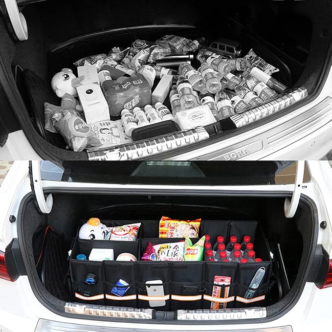 Tianle Car Trunk Organizer - Collapsible Trunk Organizer & Lid Foldable Cover Aluminium Alloy Handle Reflective Strip for Auto, SUV, Truck, Minivan (XL Black)