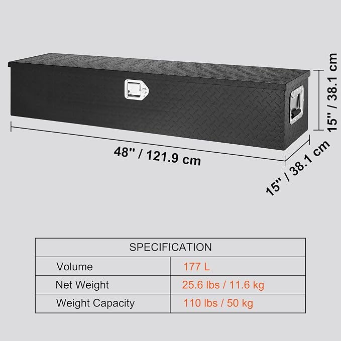 VEVOR Heavy Duty Aluminum Truck Bed Tool Box, Diamond Plate Tool Box with Side Handle and Lock Keys, Storage Tool Box Chest Box Organizer for Pickup, Truck Bed, RV, Trailer, 48"x15"x15", Black