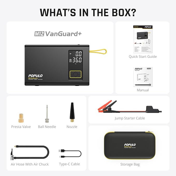 POPULO Car Jump Starter with Air Compressor, 12V 59.2Wh Portable Booster Pack Box with 150PSI Digital Tire Inflator, Extended Smart Clamps, 3000A 4-in-1 Auto Battery Starter (All Gas/12L Diesel)