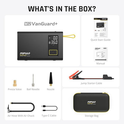 POPULO Car Jump Starter with Air Compressor, 12V 59.2Wh Portable Booster Pack Box with 150PSI Digital Tire Inflator, Extended Smart Clamps, 3000A 4-in-1 Auto Battery Starter (All Gas/12L Diesel)