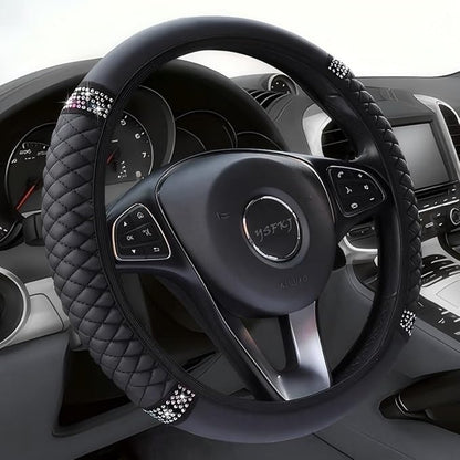 Soft Leather Car Steering Wheel Cover, Universal 15 Inch Colorful Rhinestones Anti-Slip Elastic Steering Wheel Covers for Most Cars, Sparkly Crystal Diamond for Women Girls (Black)