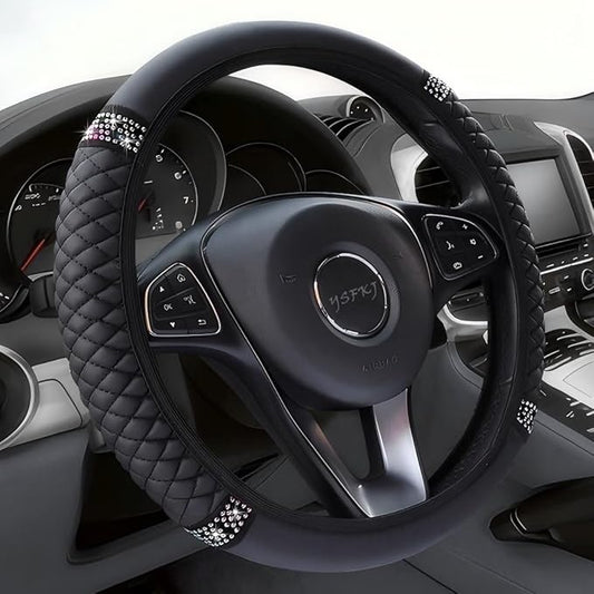 Soft Leather Car Steering Wheel Cover, Universal 15 Inch Colorful Rhinestones Anti-Slip Elastic Steering Wheel Covers for Most Cars, Sparkly Crystal Diamond for Women Girls (Black)
