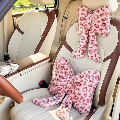 LYFJMUS 4 Pack Plush Bow Car Headrest Pillow and Lumbar Support Pillow Soft Butterfly Car Neck Pillows for Driving Cars Decor (Pink Leopard)