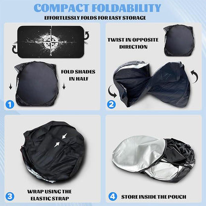 Black White Compass Car Windshield Sunshades, 59" L x 31.5" W, Universal Fit, UV Protection, Cooling Effect, Easy To Install, Perfect For SUV, Truck, Sedan