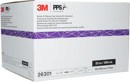 3M PPS 2.0 Spray Gun Cup, Lids and Liners Kit, 26301, Standard, 22 Ounces, 125-Micron Filter, Use for Cars, Furniture, House and More, 1 Paint Cup, 50 Disposable Lids and Liners, 32 Sealing Plugs