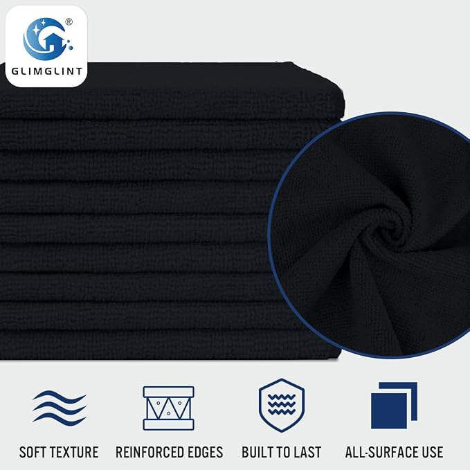 GLIMGLINT Black Microfiber Cleaning Cloth,150PK Reusable Cleaning Rags,Highly Absorbent Shop Rags Bulk,All-Purpose Car Cleaning Towels for TV Screen, Kitchen, Bathroom, Restaurant, Garage, 14"X12"