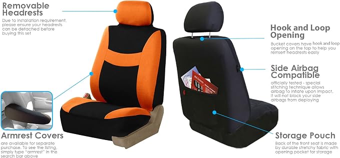 FH Group Flat Cloth Seat Covers Front Seat and Solid Rear Bench Full Set with Gift - Universal Fit for Cars, Trucks & SUVs (Orange)