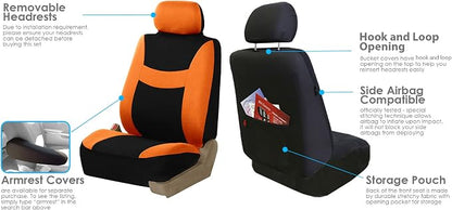 FH Group Flat Cloth Seat Covers Front Seat and Solid Rear Bench Full Set with Gift - Universal Fit for Cars, Trucks & SUVs (Orange)