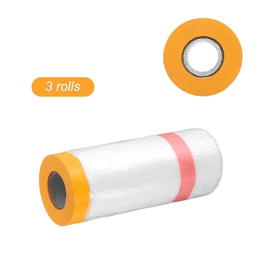 HARFINGTON 3 Rolls Pre-Taped Masking Film 43.3" x65.6ft Double Adhesive Tape and Drape Painters Plastic Drop Cloth Film with Tape Plastic Sheeting for Automotive Painting Covering