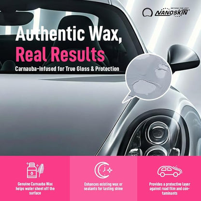 Nanoskin WASH N' WAX with Carnauba 16 Oz. - Cleans & Shines in One Step | Works with Foam Cannon, Foam Gun, Bucket Washes, Pressure Washer | Carnauba Wax Protection for Cars