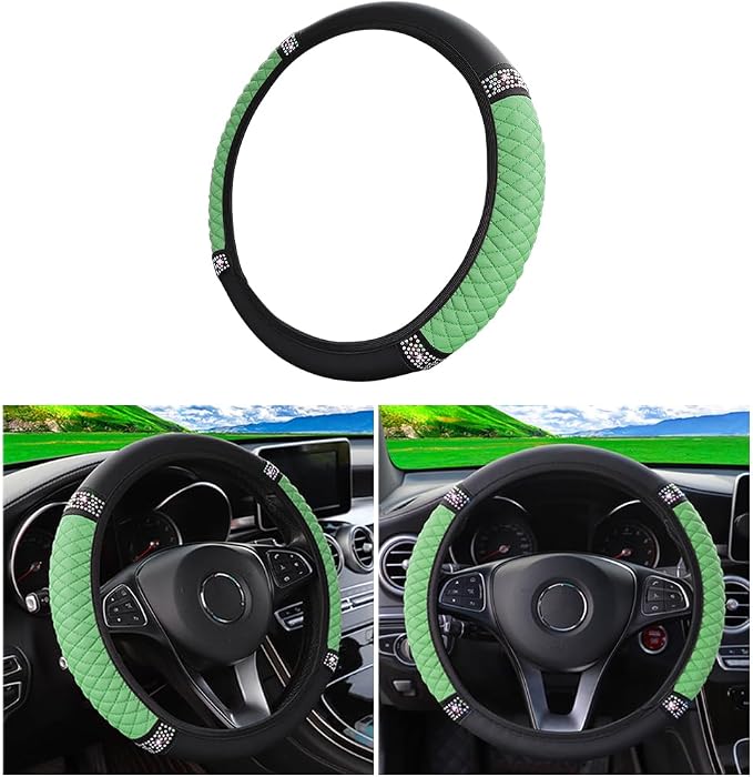 Osilly Bling Car Steering Wheel Cover, 15 Inch Rhinestones Soft Leather Elastic Steering Wheel Protector, Sparkly Crystal Diamond for Women Girls (Green)