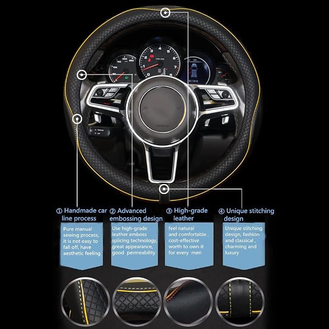 Gomass Car Steering Wheel Cover, Anti-Slip, Safety, Soft, Breathable, Heavy Duty, Thick, Full Surround, Sports Style (Black with Yellow Line)