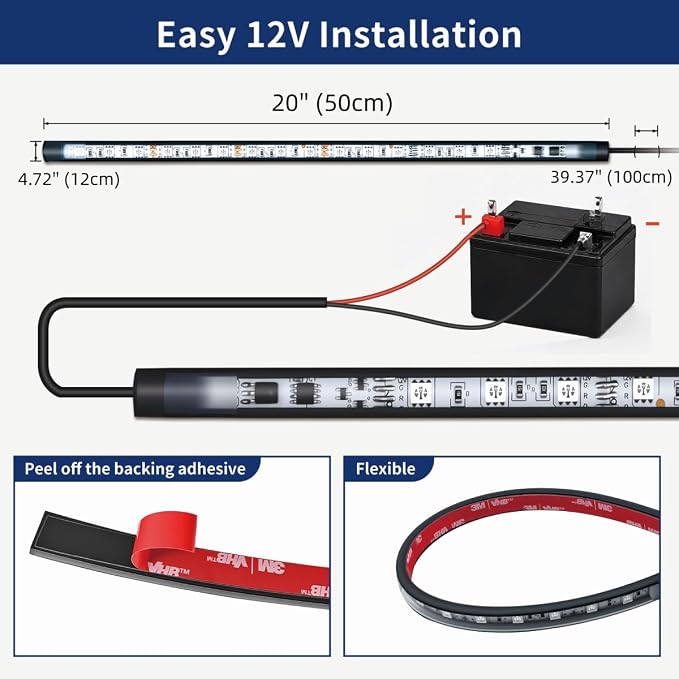 12V RGB Led Strip Light with Remote, 4 Pcs 20" Super Bright Car Lights Strip IP67 Waterproof Golf Cart Underglow Lights for Motorcycles Interior Exterior Boat, Built-in Controller, Multi-Color