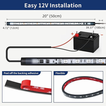 12V RGB Led Strip Light with Remote, 4 Pcs 20" Super Bright Car Lights Strip IP67 Waterproof Golf Cart Underglow Lights for Motorcycles Interior Exterior Boat, Built-in Controller, Multi-Color