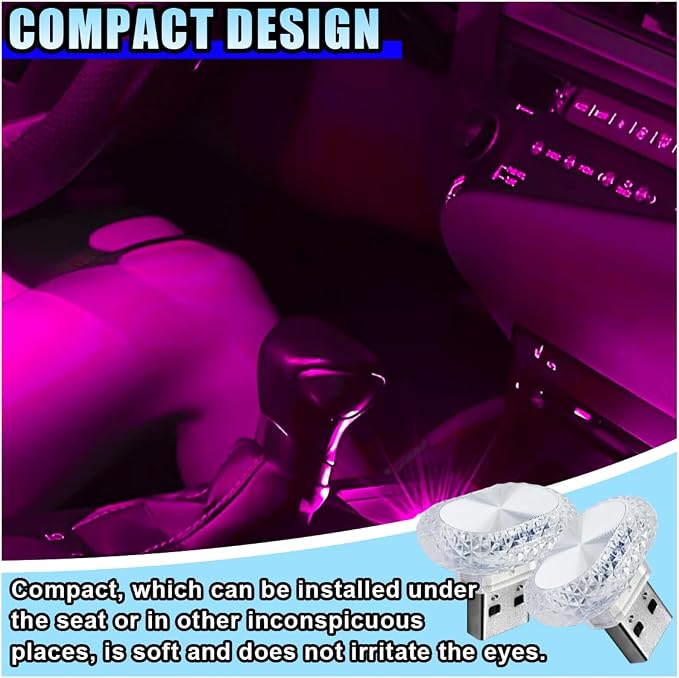 2PCS USB LED Car Interior Night Light, Crystal Mini Decoration Neno Ambient Light Car Interior Atmosphere Lamp, Plug-in USB Interface Auto Trunk Ambient Lighting Kit Universal for Cars (Pink/Purple)