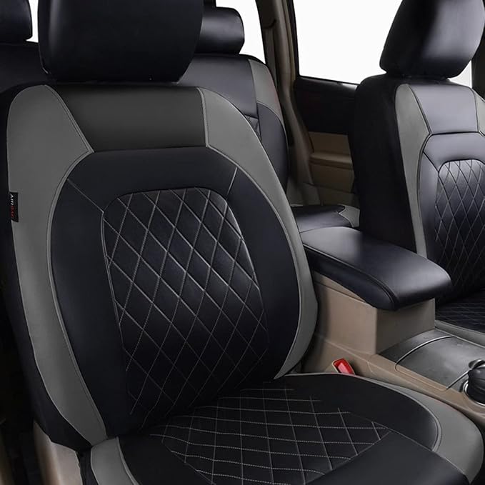 Universal Deluxe Pu Luxury Vinyl Faux Leather Car Seat Covers Full Set, Airbag Compatible, Breathable, Fit for Most Sedans, Vans, SUVs (Black and Gray)