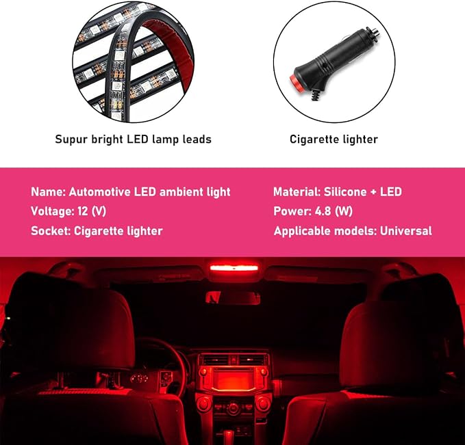 Car LED Strip Light, 24 LEDs RGB Neon Interior Atmosphere Lights, 12V Under Dash Ambient Night Light, Cigarette Lighter Auto Interior Decorative Lamp, Car Accessories (Red)