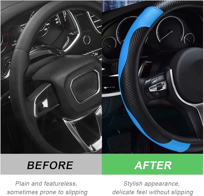 DXNQ Car Steering Wheel Cover, 15 Inch Carbon Fiber Leather Stitching Color Steering Wheel Protector, Anti-Slip Elastic Breathable Steering Wheel Cover Stylish Decor for Most Cars (Black&Blue)