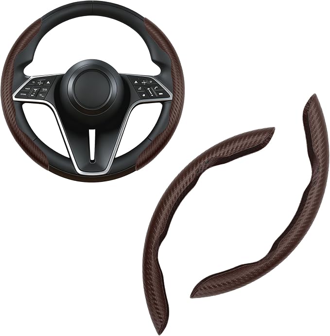 Carbon Fiber Steering Wheel Cover, 2-Piece Set Anti-Skid Comfortable Grip Segmented Butterfly Design, Easy Snap-On Installation Universal Fit 99% Cars, Brown