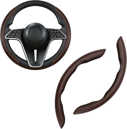Carbon Fiber Steering Wheel Cover, 2-Piece Set Anti-Skid Comfortable Grip Segmented Butterfly Design, Easy Snap-On Installation Universal Fit 99% Cars, Brown