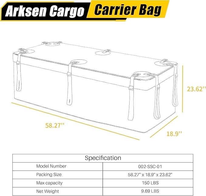 ARKSEN Waterproof Hitch Cargo Carrier Bag for 20" x 60" Baskets, 15 Cubic Feet Large Capacity Luggage Storage (58" L x 19" W x 24" H) for Car Truck SUV RV or Trailer